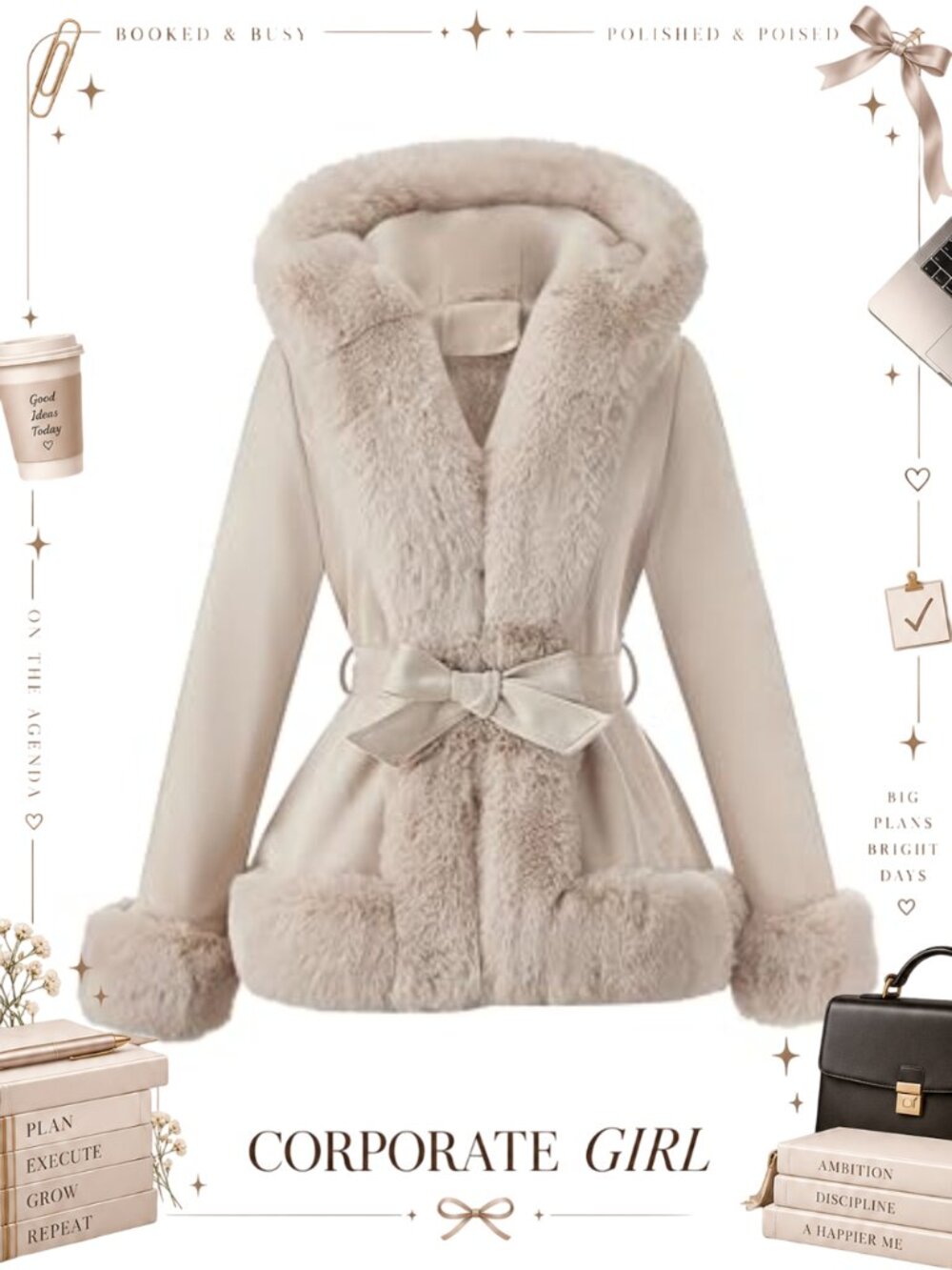 Faux Fur Women's Belted Trench Coat Furry Trim Thicken Parka